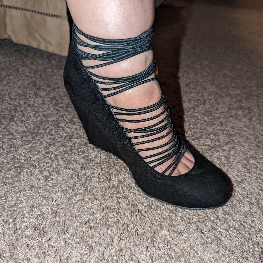 Black ankle strap wedges Size 7